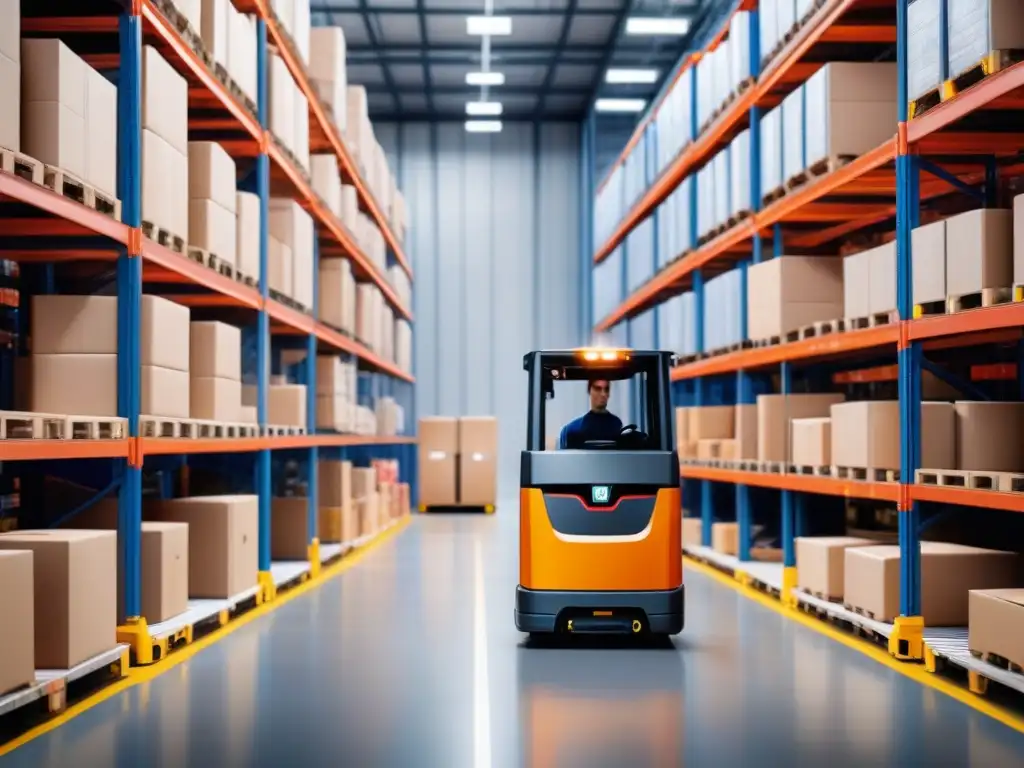 AGV de última generación en almacén automatizado Un AGV en logística moderna tecnología, navega sin esfuerzo en un almacén bullicioso lleno de estanterías