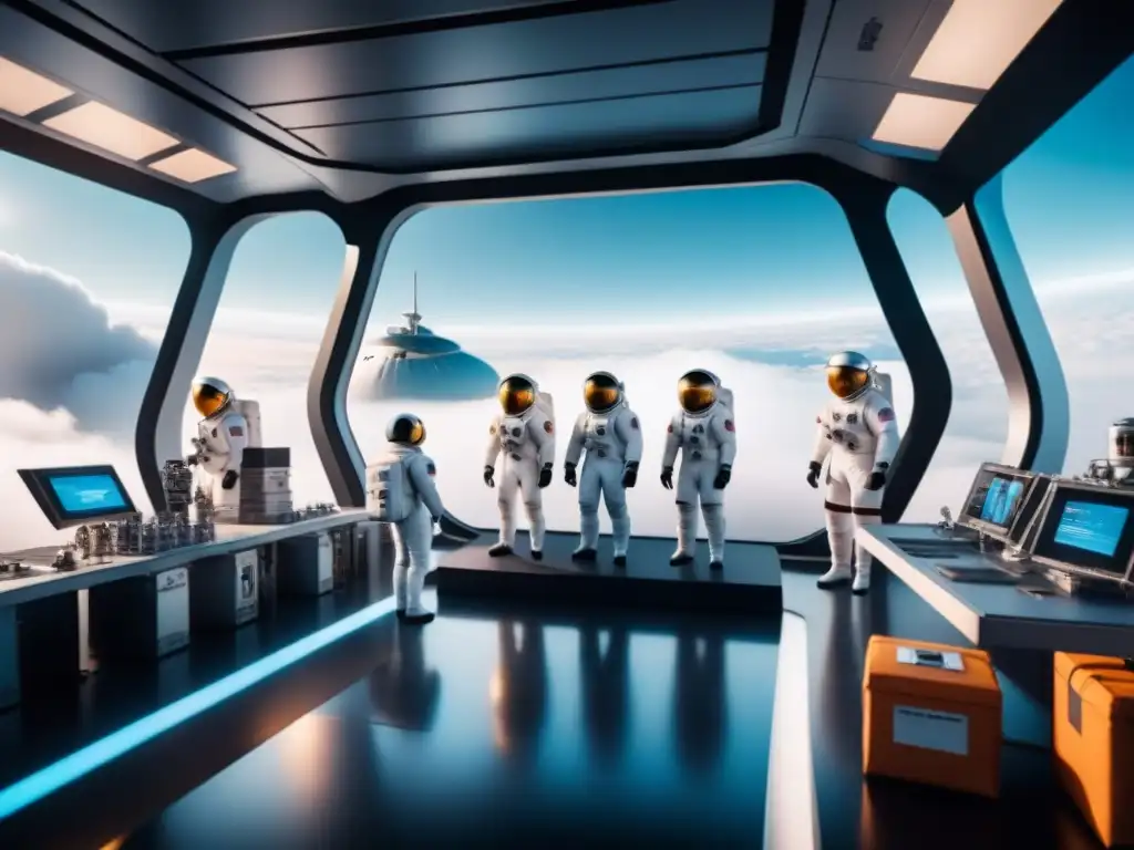 Espacioportuario futurista: astronautas y robots en estación espacial Ajetreado puerto espacial en una estación, astronautas descargan carga mientras robots organizan suministros, con la Tierra de fondo