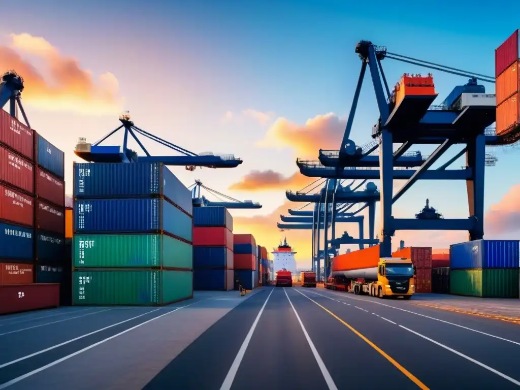 Portuario industrial al amanecer: actividad frenética en la zona franca Ajetreado puerto industrial al amanecer, con cargueros en Zonas Francas para Importación/Exportación