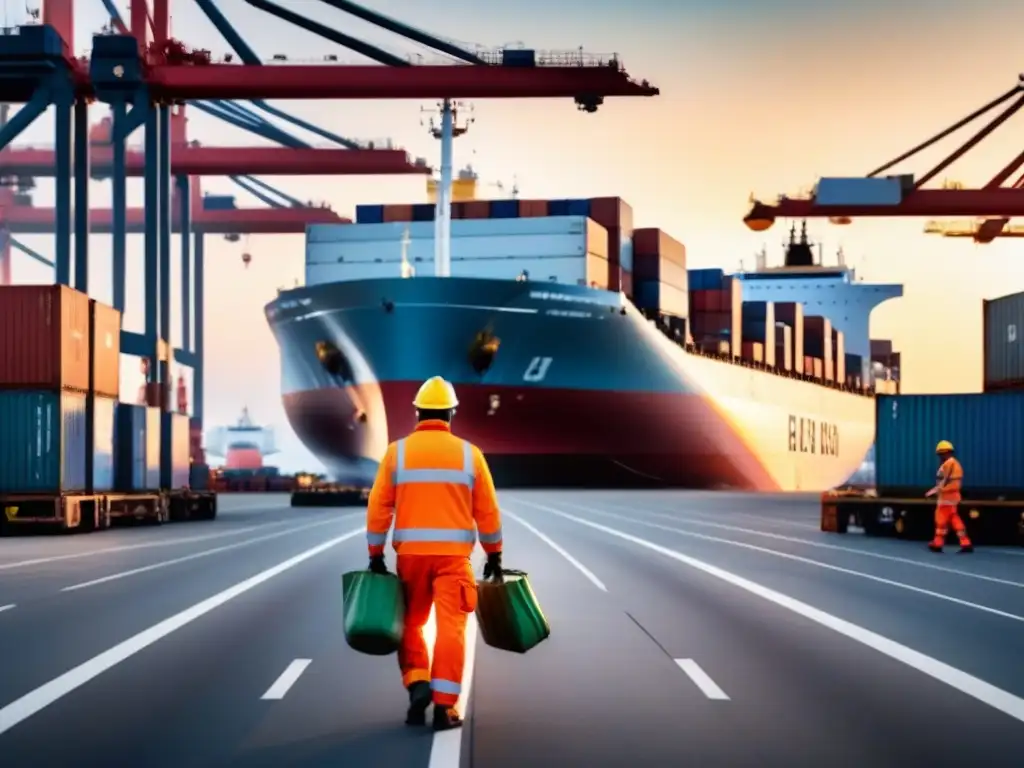 Operaciones logísticas eficientes en un puerto mediterráneo Un ajetreado puerto lleno de grandes buques de carga descargando contenedores, trabajadores con equipo de seguridad apresurándose a descargar y transportar mercancías, mostrando las operaciones logísticas en el corazón de un concurrido puerto mediterráneo
