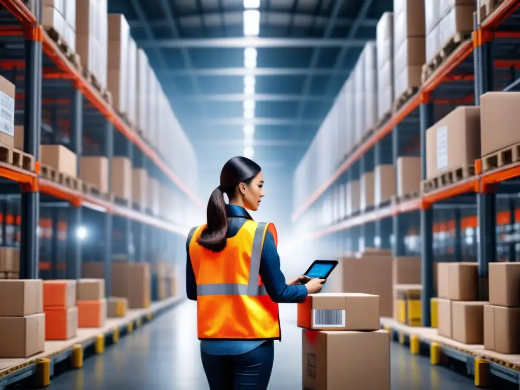 Eficiencia logística: humanos y robots trabajando en armonía Algoritmos IA redefiniendo previsión demanda en almacén de alta tecnología con trabajadores y robots eficientes