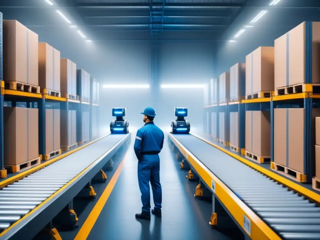 Almacén hightech: robots y trabajadores supervisan operaciones Alianzas tecnológicas en cadena de suministro: almacén hightech con robots y trabajadores supervisando operaciones