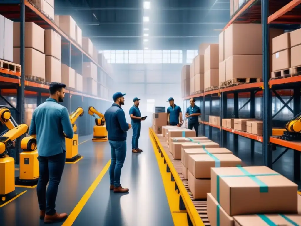 Almacén tecnológico: colaboración eficiente en la cadena de suministro Alianzas tecnológicas en cadena de suministro: Almacén moderno con robots y trabajadores colaborando en la organización eficiente de productos