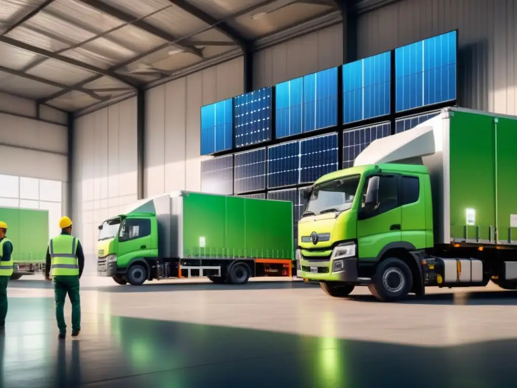 Almacén ecológico: eficiencia y conciencia ambiental en logística Un almacén activo con trabajadores en chalecos verdes cargando camiones híbridos con paneles solares