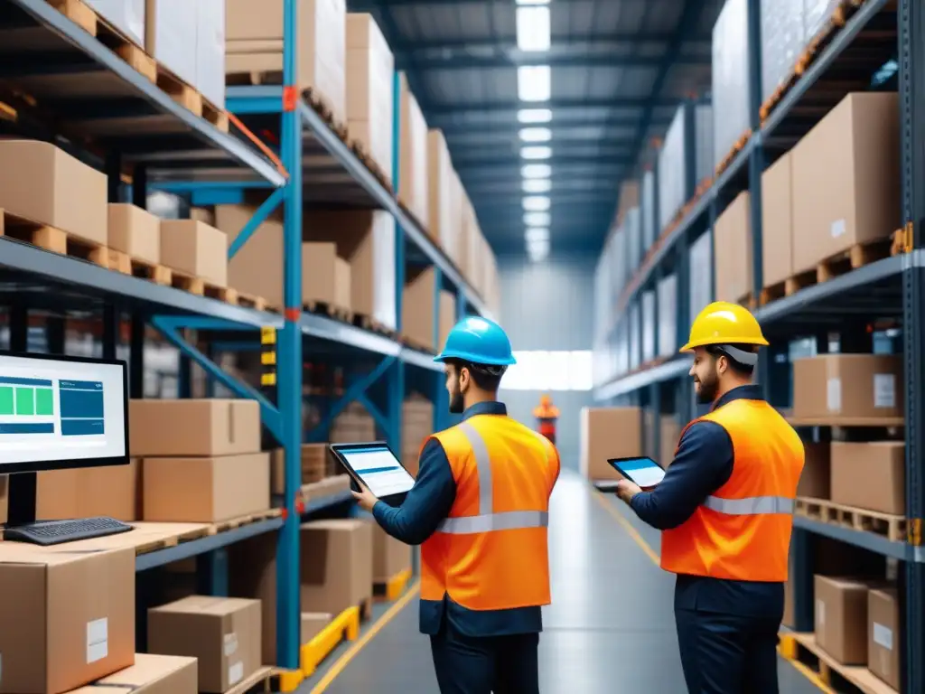 Eficiencia logística: tecnología y trabajo en almacén Un almacén activo con trabajadores y tecnología de visión por computadora en logística