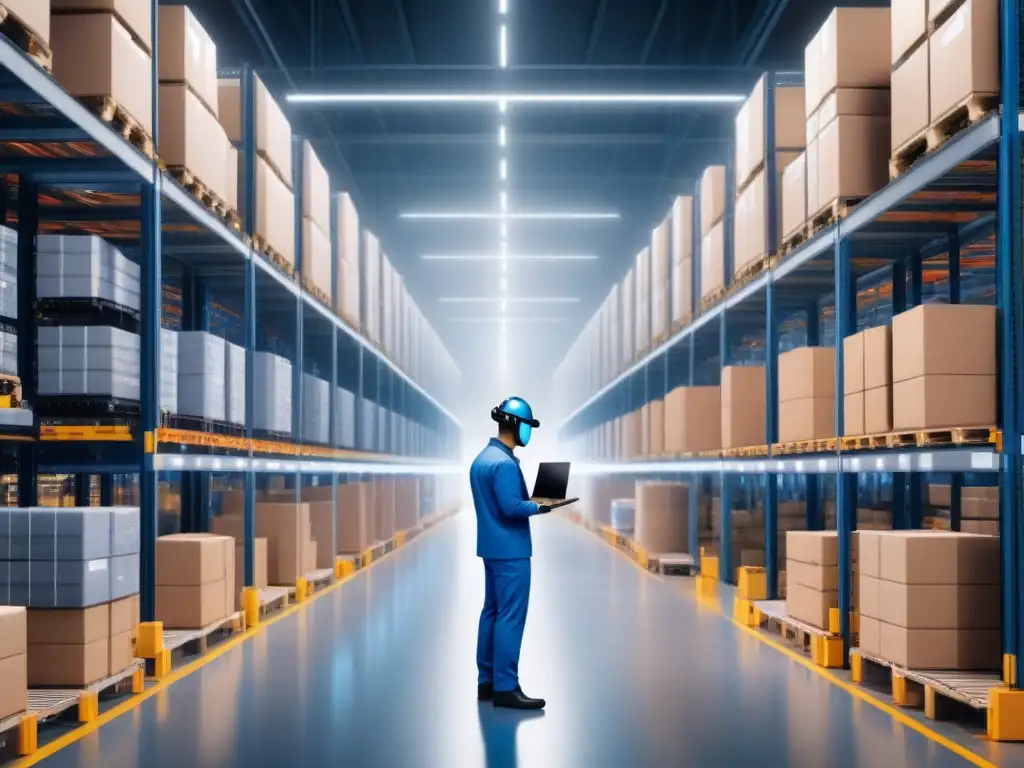 Almacén hightech: Robótica e inventario eficiente Un almacén de alta tecnología con brazos robóticos y un sistema de visión por computadora gestionando inventario