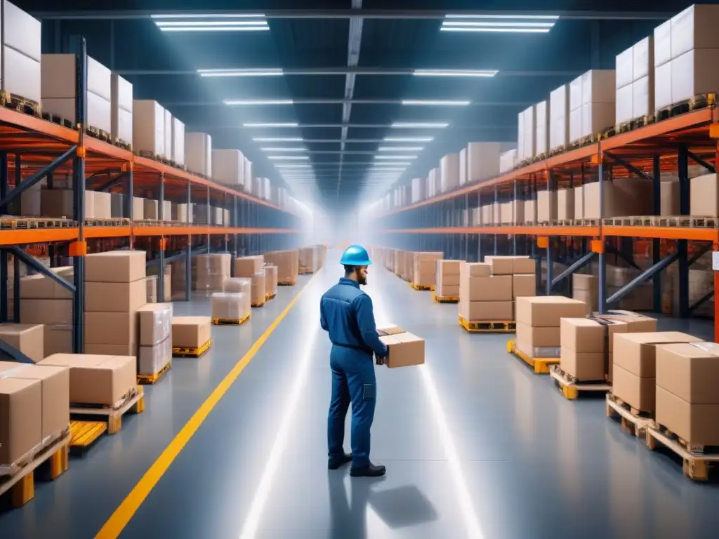 Almacén automatizado de última tecnología: eficiencia y vanguardia Un almacén de alta tecnología con brazos robóticos y cintas transportadoras moviendo paquetes eficientemente bajo la luz natural