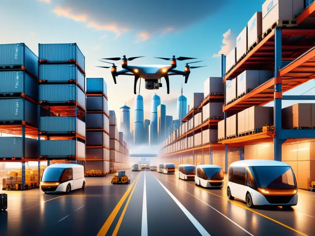 Centro logístico futurista: integración de IA y robots en Asia Un almacén de alta tecnología en una ciudad asiática, donde la Inteligencia Artificial transforma la logística con robots y drones