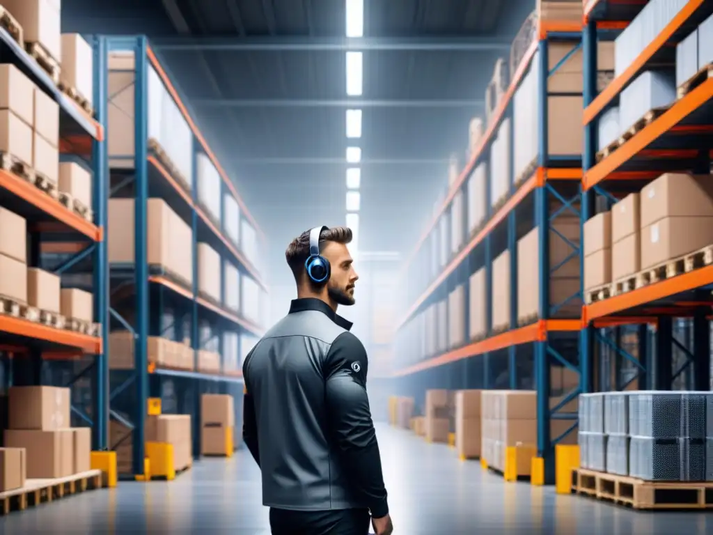 Almacén hightech con sensores acústicos: innovación logística Un almacén de alta tecnología con sensores acústicos en logística