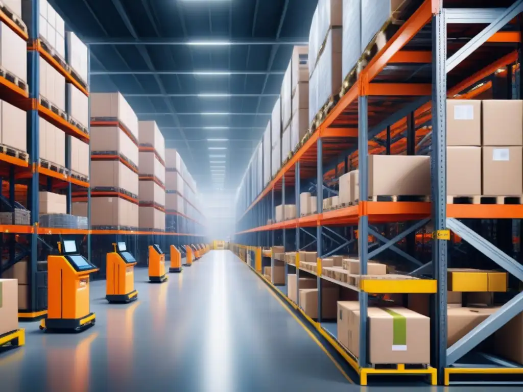 Almacén automatizado del futuro: eficiencia 8k Un almacén automatizado de alta tecnología muestra la gestión logística almacenes transformación digital