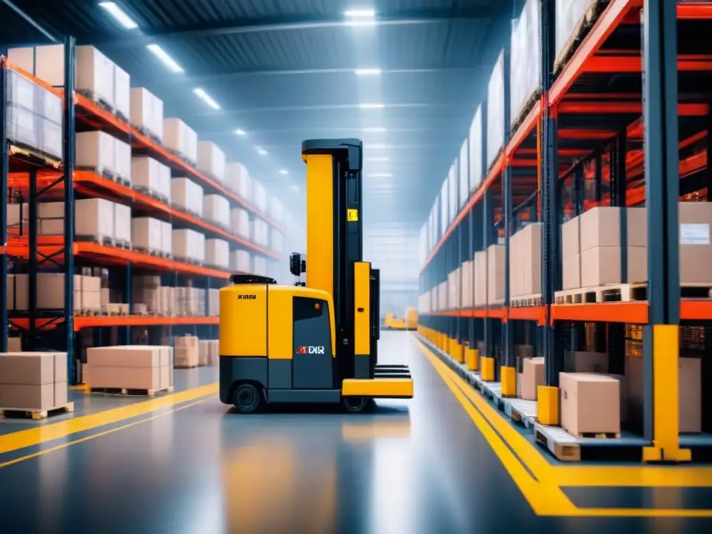 Almacén automatizado: eficiencia y tecnología robótica en logística Un almacén automatizado con brazos robóticos moviendo inventario, AGVs transitando y técnicos supervisando