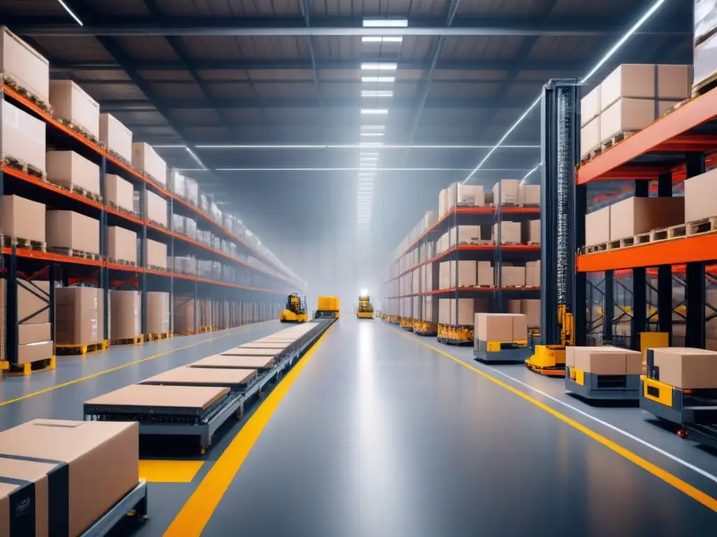 Almacén automatizado de vanguardia con robots y plataformas de elevación Un almacén automatizado de vanguardia con brazos robóticos y cintas transportadoras moviendo mercancías en diferentes niveles