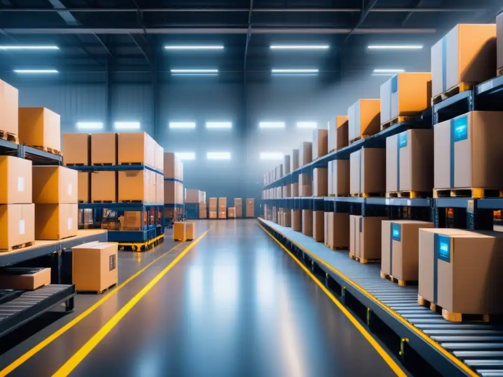 Almacén automatizado de última generación en plena acción Un almacén automatizado de vanguardia en plena actividad con brazos robóticos moviendo cajas, cintas transportadoras y pantallas digitales