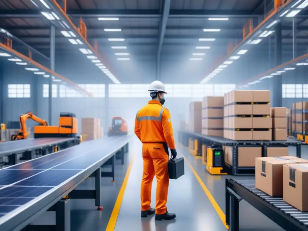 Almacén automatizado ecoeficiente con robots y energía solar Un almacén automatizado de vanguardia fusionando tecnología y sostenibilidad