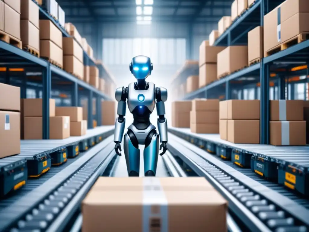 Almacén automatizado: eficiencia y precisión en la cadena de suministro Un almacén bullicioso con brazos robóticos y cintas transportadoras, mostrando la automatización en la cadena logística