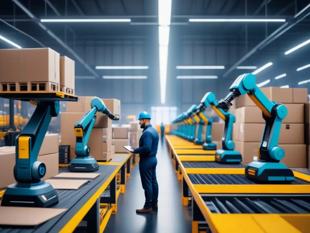 Almacén futurista: Robótica revoluciona la logística Un almacén bullicioso con brazos robóticos y vehículos automatizados ordenando paquetes, fusionando tecnologías disruptivas en logística