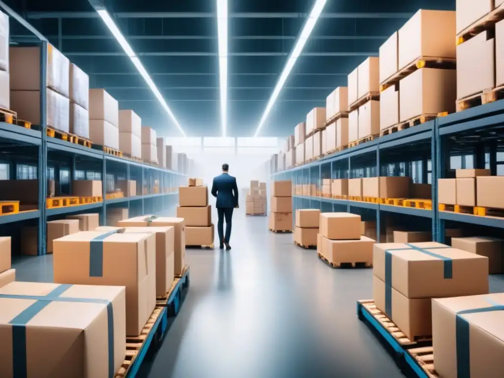 Almacén automatizado: tecnología de precisión en logística Un almacén bullicioso con brazos robóticos ordenando paquetes, supervisados por un sistema de inteligencia artificial
