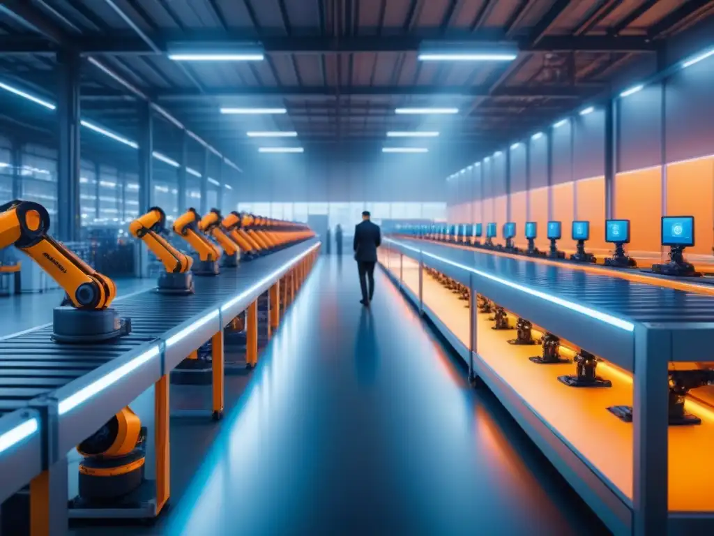 Un almacén bullicioso con brazos robóticos avanzados y cintas transportadoras, integración logística inversa inteligencia artificial