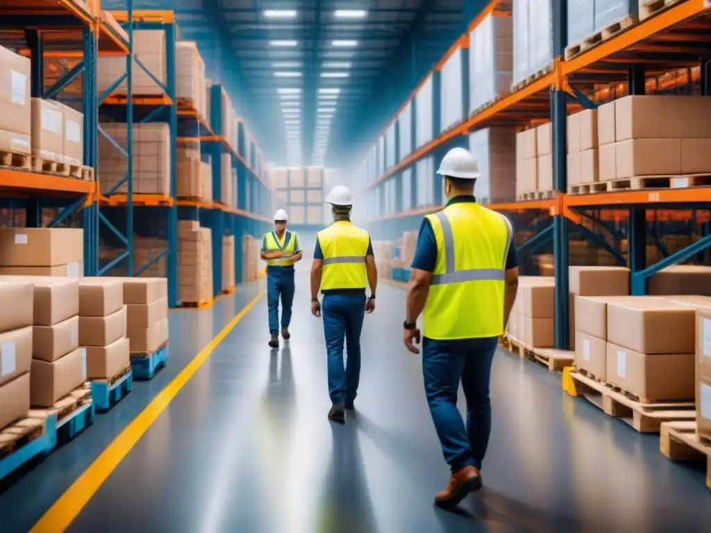 Eficiencia logística: almacén organizado con certificaciones Un almacén bullicioso con certificaciones en logística: eficiencia, reducción de costos y productividad