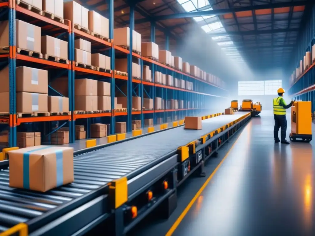 Un almacén bullicioso con cintas transportadoras automáticas, trabajadores escaneando inventario y camiones cargados de mercancía