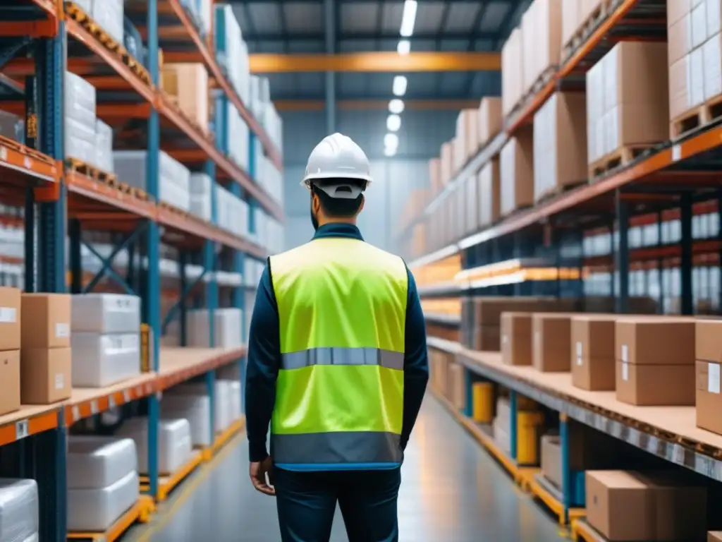 Almacén sostenible: eficiencia y tecnología RFID para seguimiento preciso Un almacén bullicioso con estanterías organizadas y productos etiquetados con tecnología RFID
