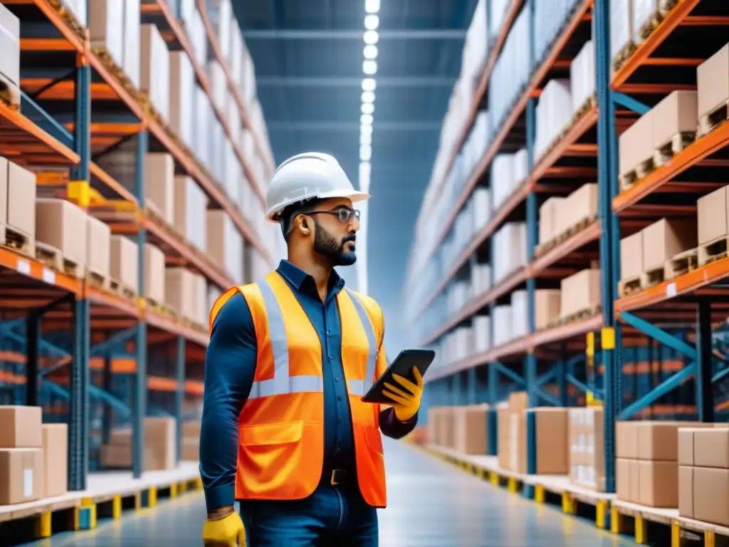 Centro de distribución inteligente: tecnología y logística en armonía Un almacén bullicioso con estanterías repletas de productos, iluminado por luces tenues