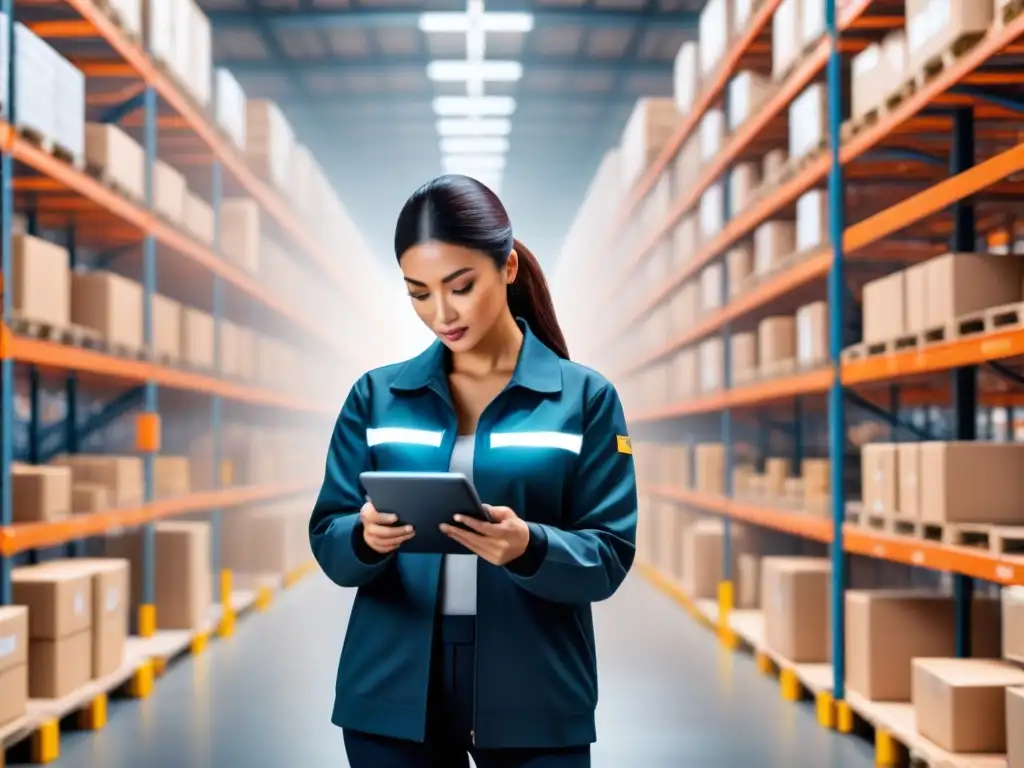 Almacén inteligente: tecnología de datos revoluciona la logística Un almacén bullicioso con estantes llenos de productos, trabajadores usando tecnología de análisis de datos de vanguardia para optimizar la logística