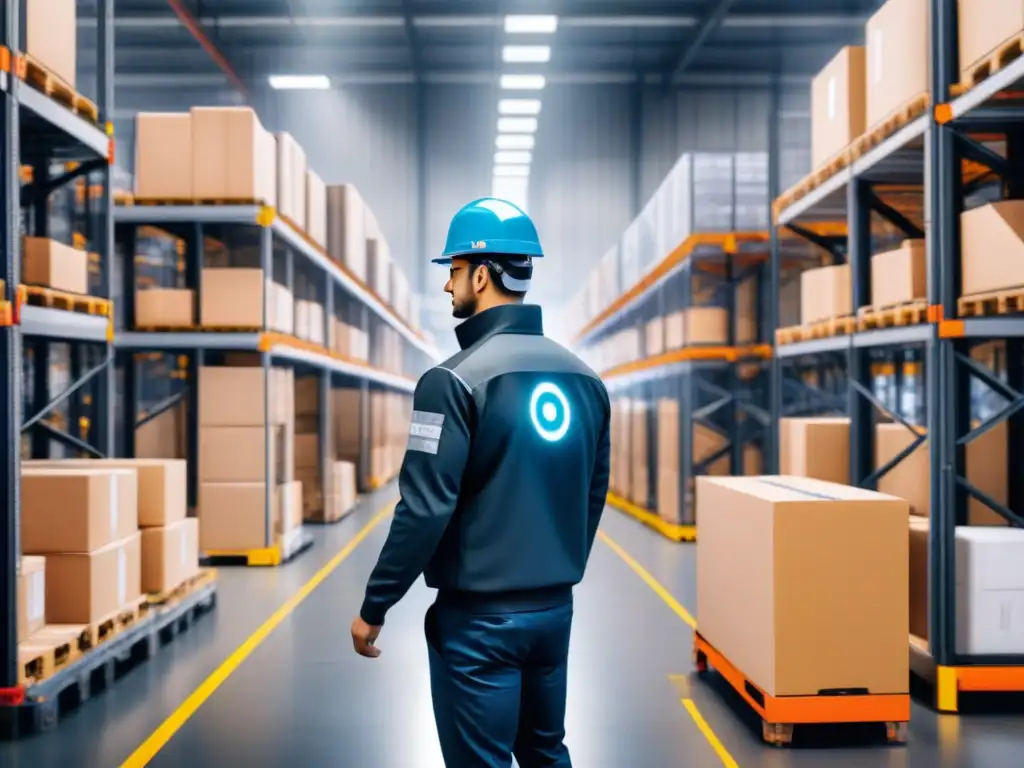 Un almacén bullicioso con estrategias inteligentes para previsión, donde robots y humanos colaboran en armonía