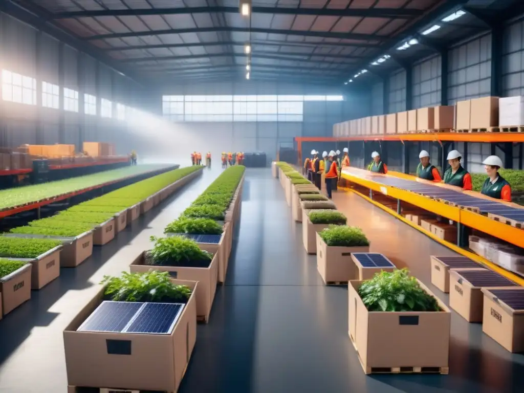 Almacén ecoeficiente: trabajadores clasificando productos sostenibles en un ambiente moderno y verde Un almacén bullicioso con franquicias ecológicas en logística efficiente, trabajadores ordenando productos eco en bins etiquetados