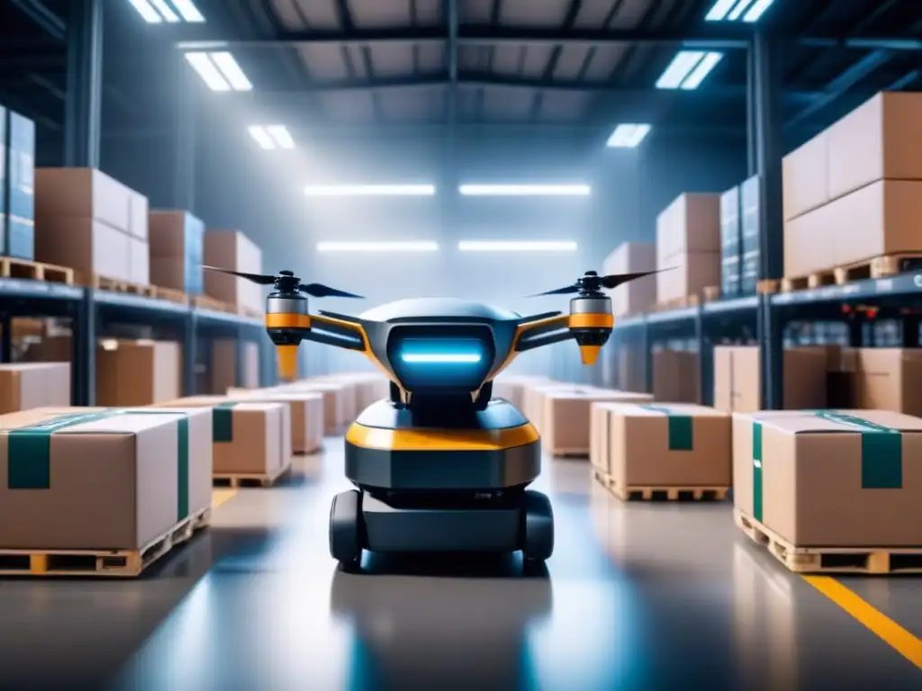 Un almacén bullicioso lleno de brazos robóticos ordenando paquetes con precisión y eficiencia, mientras drones AI sobrevuelan listos para entregar