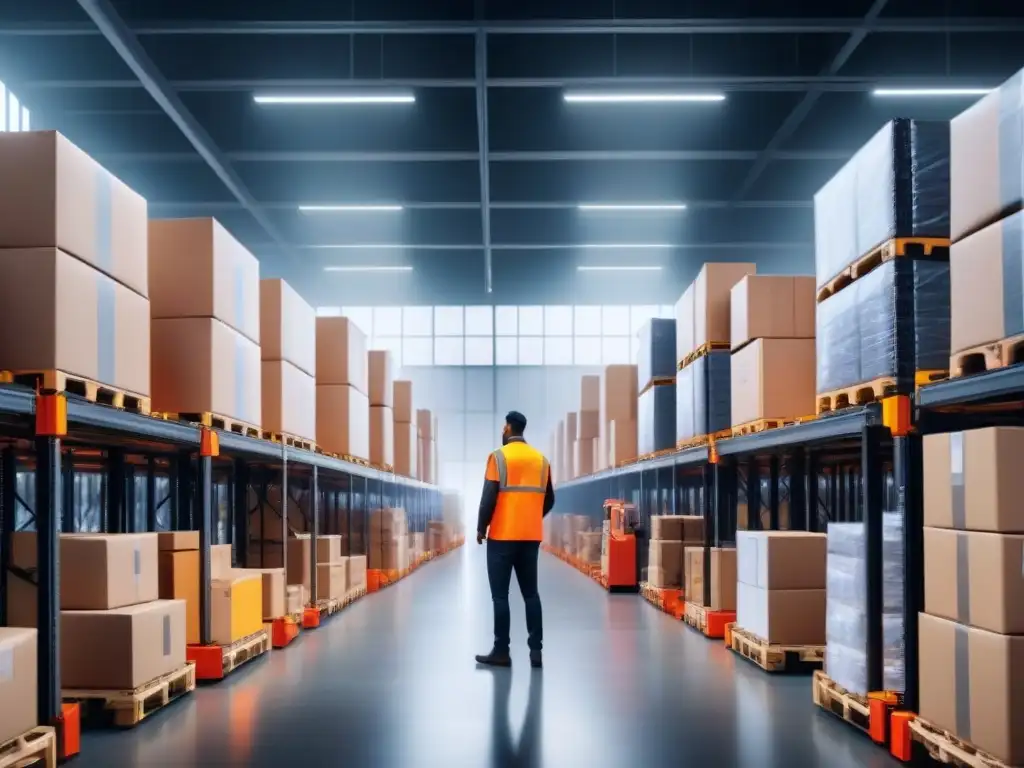 Eficiencia logística: Robótica y supervisión humana en almacén moderno Un almacén bullicioso donde la automatización logística en ecommerce optimiza la eficiencia con brazos robóticos y supervisión humana