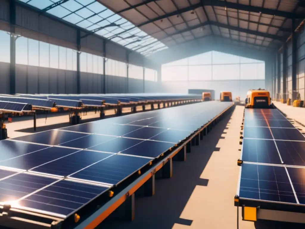 Almacén solar: eficiencia y sostenibilidad en logística Un almacén bullicioso con paneles solares en el techo
