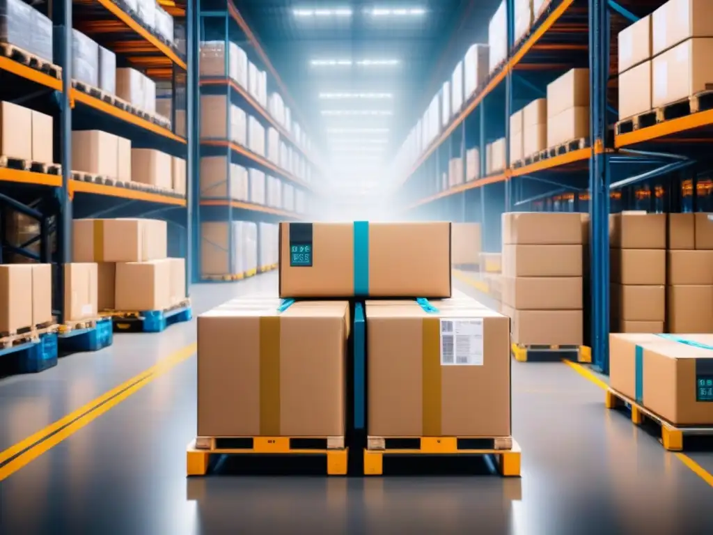 Almacén inteligente: eficiencia logística en tiempo real Un almacén bullicioso con paquetes apilados, cintas transportadoras automatizadas y trabajadores con dispositivos de rastreo en tiempo real