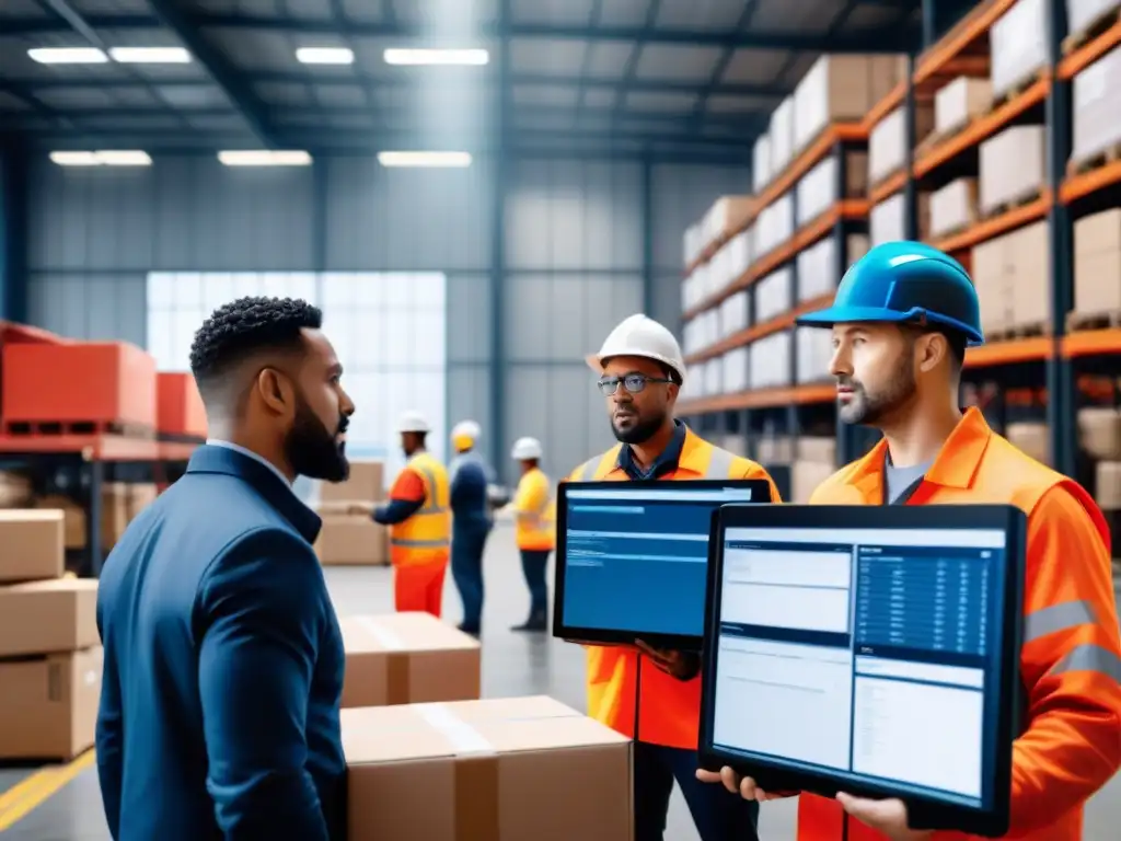 Un almacén bullicioso donde profesionales de logística colaboran de forma innovadora
