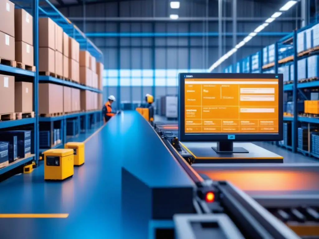 Almacén futurista: Robótica avanzada y sostenibilidad en la industria Un almacén bullicioso con robótica avanzada y maquinaria automatizada, tecnología inteligente y prácticas sostenibles