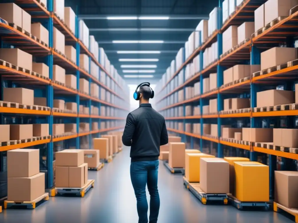 Operación logística de IA: eficiencia e innovación en acción Un almacén bullicioso con robots automatizados, trabajadores coordinando logística y pantalla digital