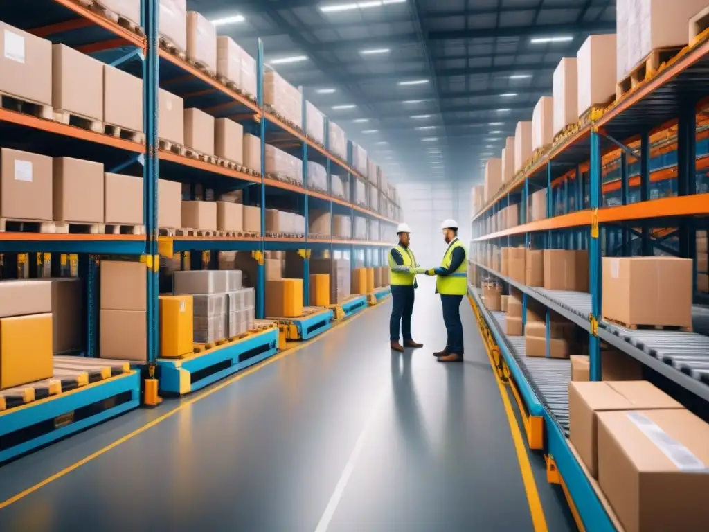 Almacén tecnológico: eficiencia en logística inversa Un almacén bullicioso con tecnología avanzada en logística inversa y prácticas sostenibles