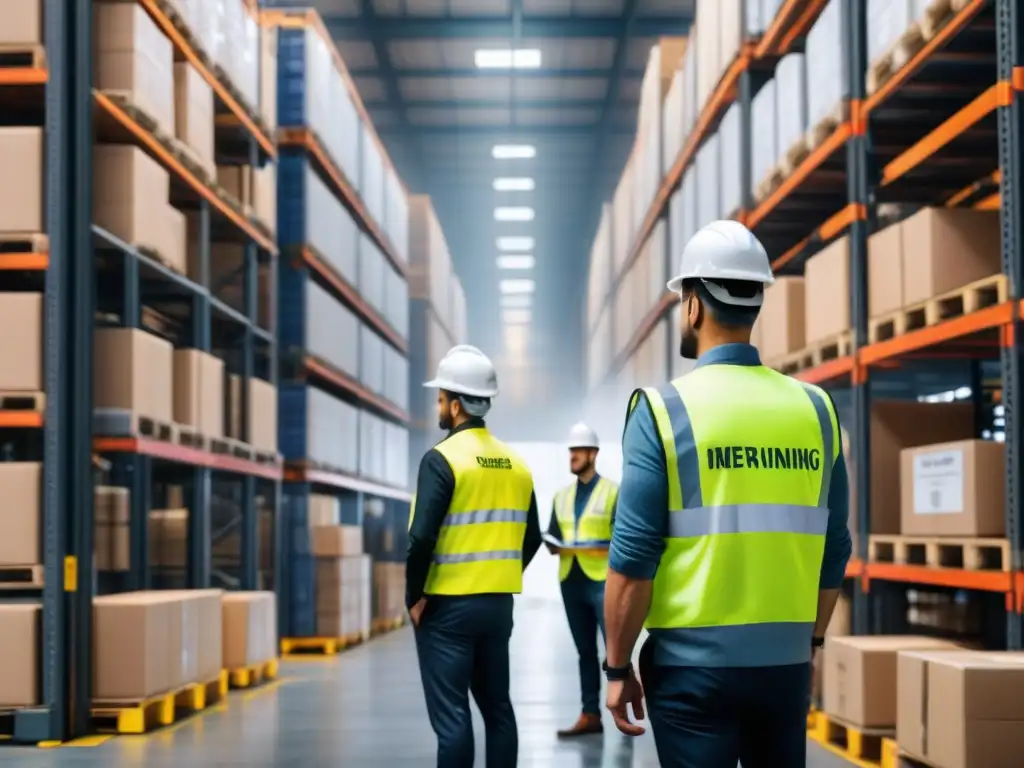Almacén eficiente: logística moderna y rutas optimizadas Un almacén bullicioso con trabajadores en chalecos reflectantes y cascos duros, operando montacargas para mover paletas de mercancías