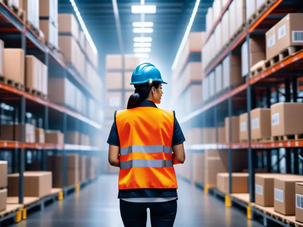 Blockchain revoluciona logística omnicanal Un almacén bullicioso con trabajadores escaneando códigos QR en paquetes, rodeados de iconos de tecnología blockchain en logística omnicanal