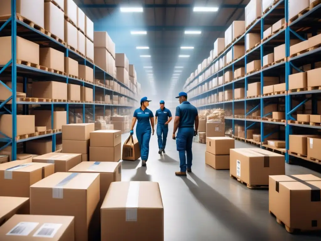 Centro de reciclaje: Eficiencia y reparación en acción Un almacén bullicioso donde trabajadores organizan devoluciones con eficiencia para optimización logística inversa sostenible