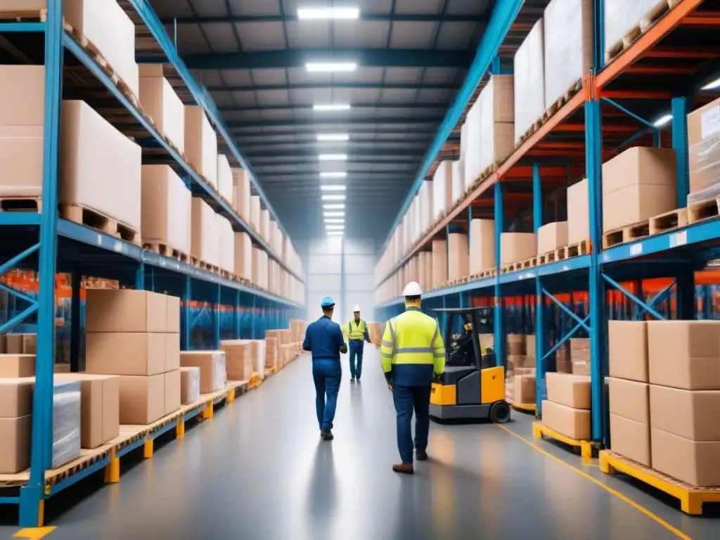 Operaciones de logística inversa: Eficiencia y sostenibilidad en almacén Un almacén bullicioso con trabajadores eficientes, destacando la optimización logística inversa sostenible