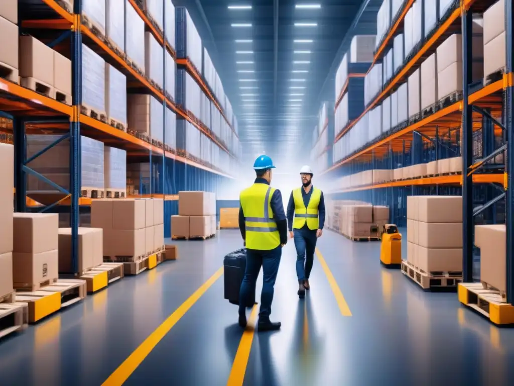 Almacén inteligente: humanos y tecnología en perfecta armonía Un almacén bullicioso con trabajadores y montacargas automáticos, reflejando la logística inteligente con sensores IoT