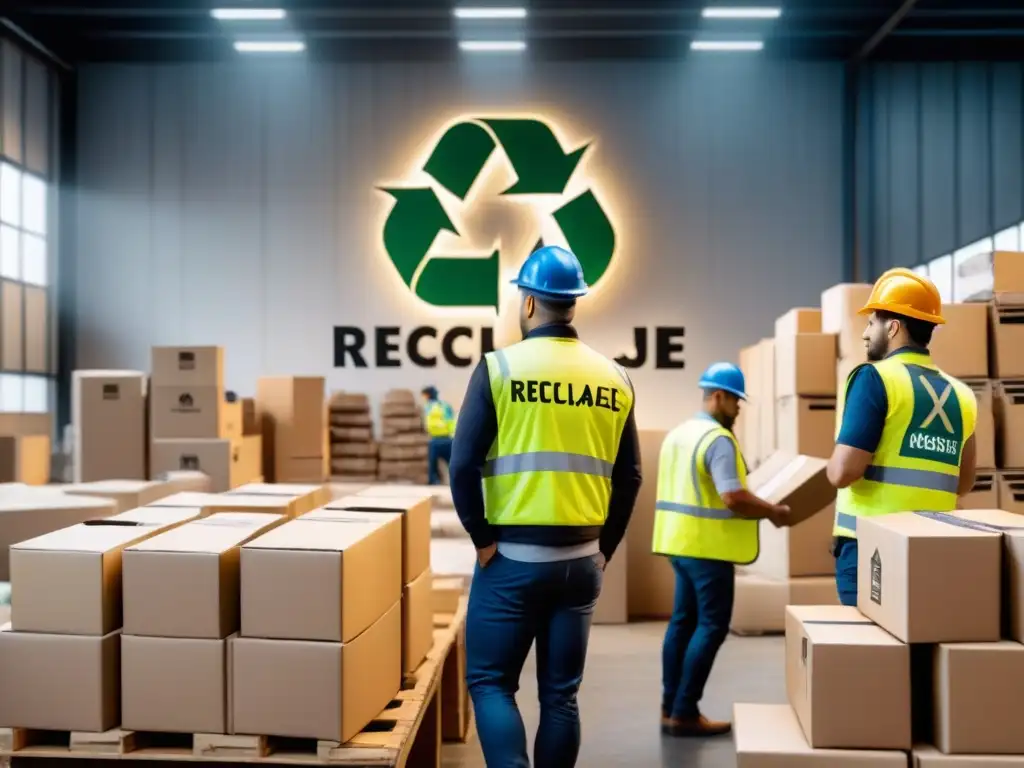 Proceso de reciclaje en almacén: trabajadores clasifican devoluciones Un almacén bullicioso donde los trabajadores clasifican paquetes devueltos, destacando la logística inversa sostenible y eficiente