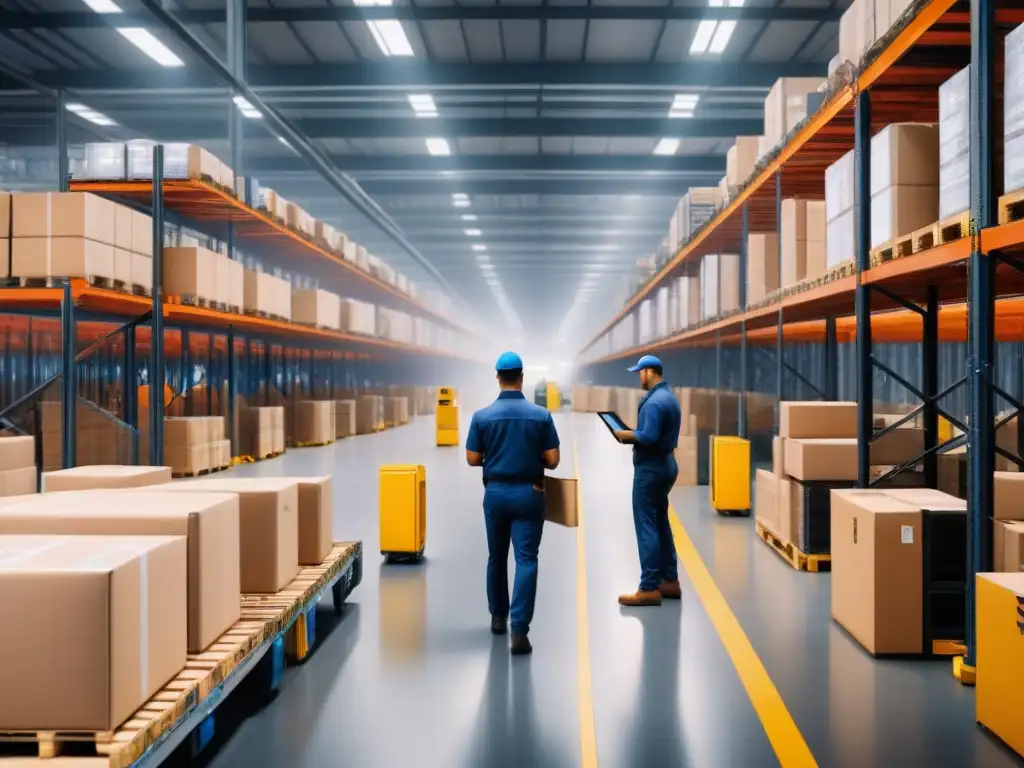 Centro de Distribución Innovador: Tecnología y Trabajo en Equipo Un almacén bullicioso donde trabajadores usan plataformas colaborativas para gestionar inventario y envíos de forma sostenible