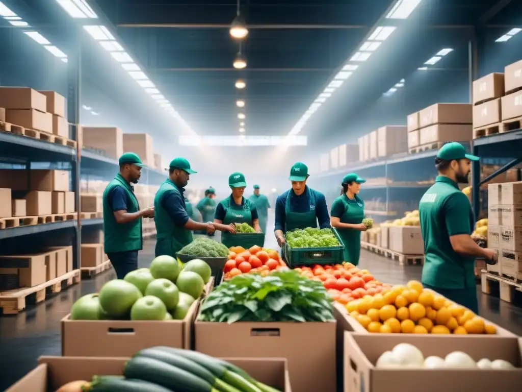 Operación logística sostenible: eficiencia en almacén Un almacén bullicioso donde trabajadores colaboran armoniosamente para transportar productos frescos, con cajas etiquetadas de logos sostenibles