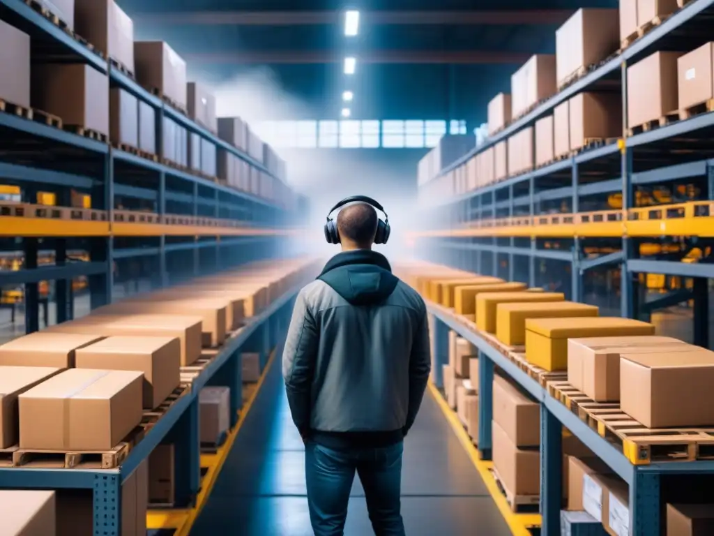 Almacén futurista: humanos y tecnología colaborativa Un almacén bullicioso donde trabajadores y tecnología colaboran en la gestión eficiente de inventario y pedidos