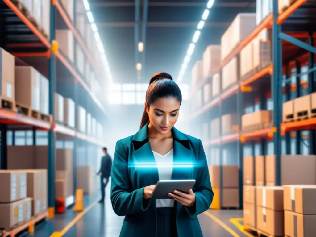 Un almacén bullicioso donde trabajadores usan tecnología blockchain para gestión logística