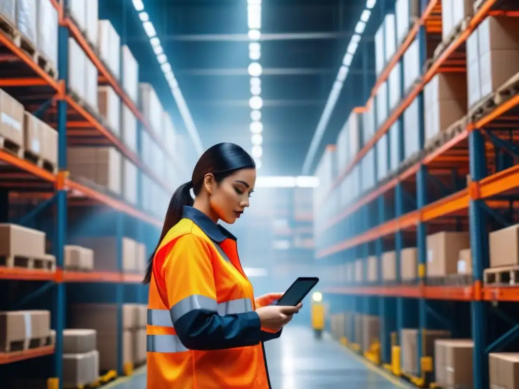 Un almacén bullicioso donde trabajadores usan tecnología blockchain para gestión logística