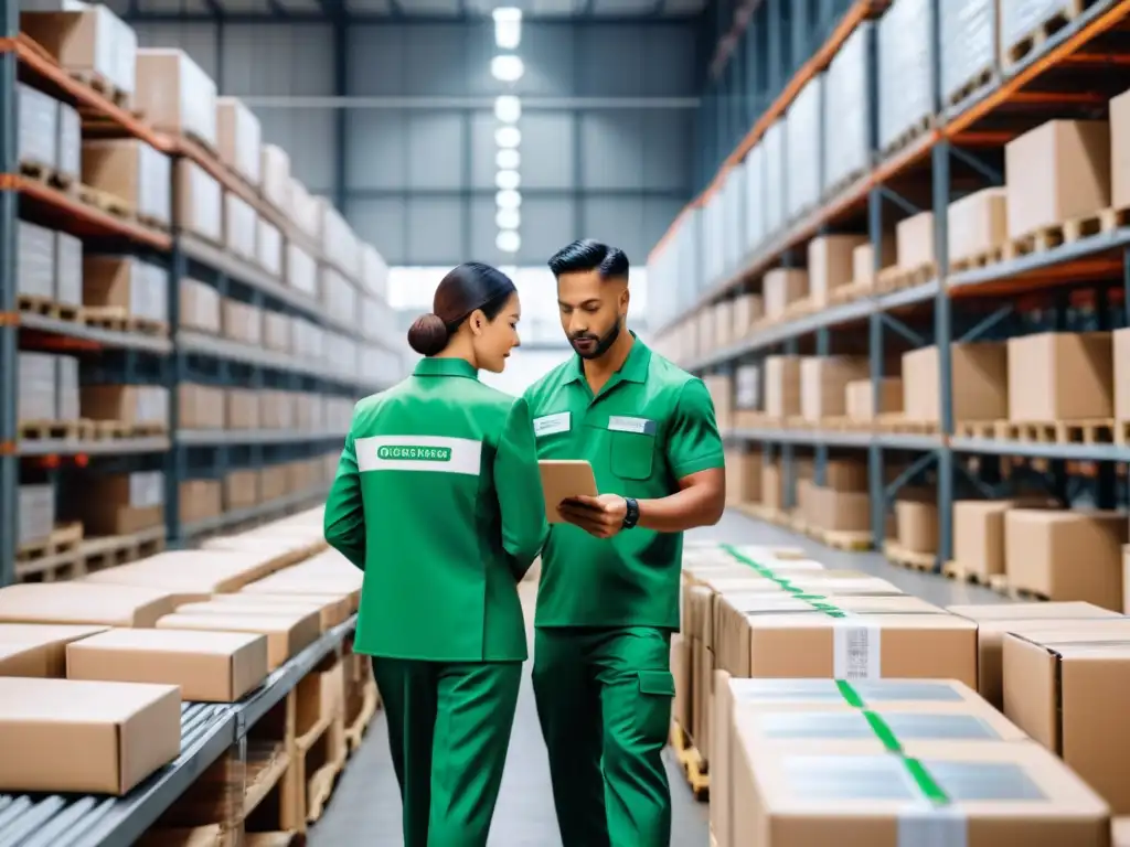Almacén sostenible: Eficiencia y certificaciones verdes en la logística Un almacén bullicioso con trabajadores en uniformes verdes, clasificando materiales ecológicos con 'Certificaciones logística verde eficientes'