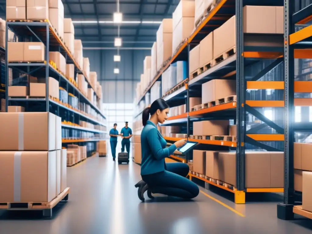Almacén de ecommerce: Eficiencia tecnológica y análisis de datos en acción Un almacén de comercio electrónico bullicioso con trabajadores empacando pedidos eficientemente, cintas transportadoras y estantes llenos de mercancía
